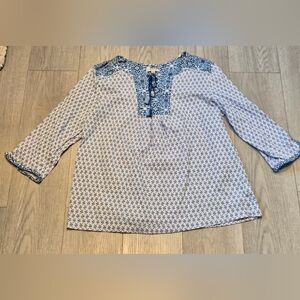 Anne Klein Blue Printed Peasant Top with Embroidered Yoke